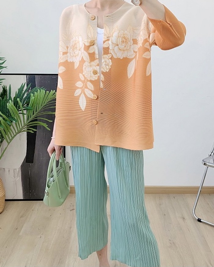Pleated Floral Button Blouse