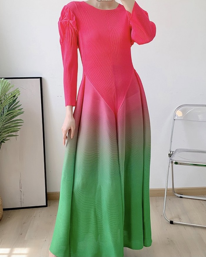 Pleated Ombre puff sleeve dress