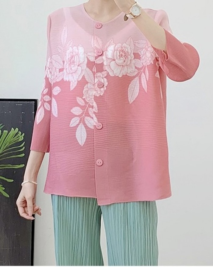 Pleated Floral Button Blouse