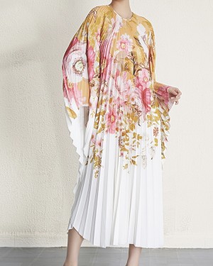 Pleated flare floral motif dress