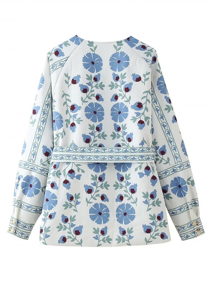 Floral motif cardigan with sash