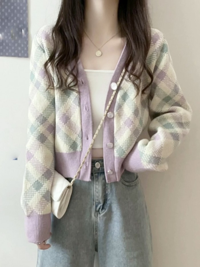 Checkered knit cardigan
