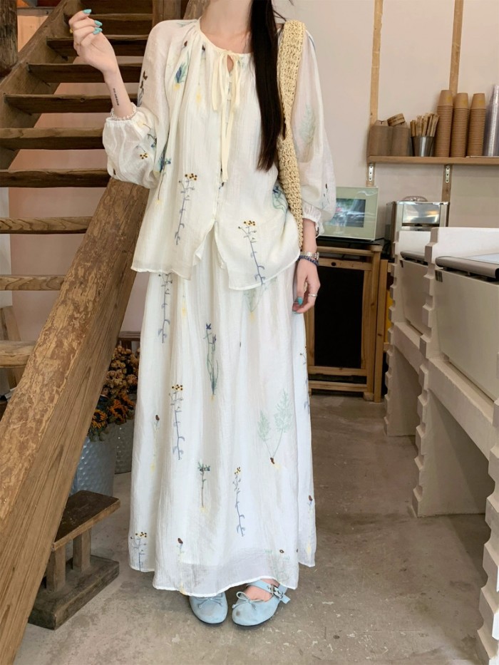 Floral embroidered blouse and skirt set