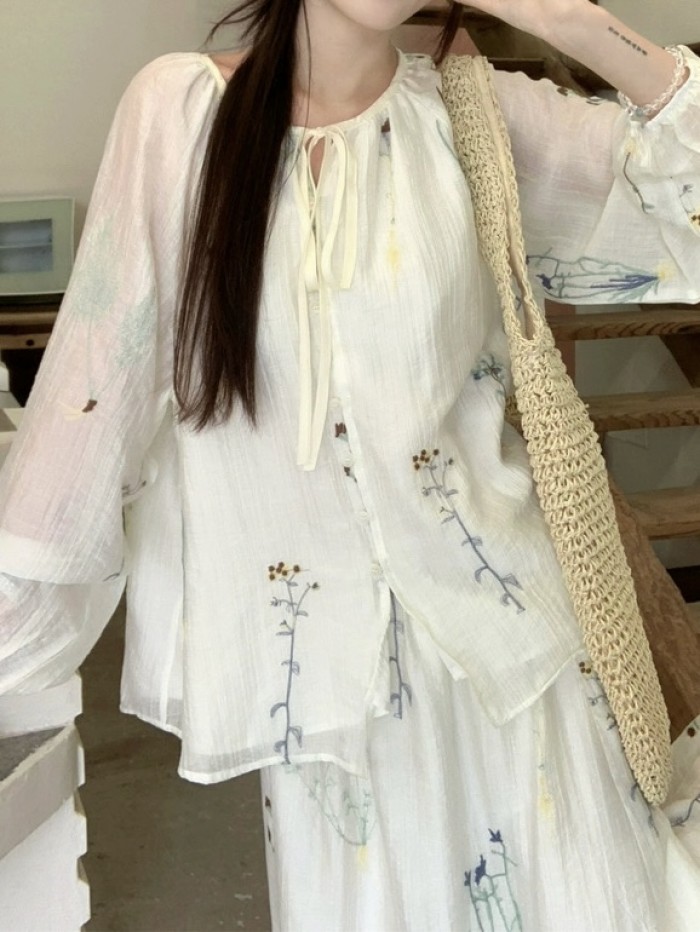 Floral embroidered blouse and skirt set