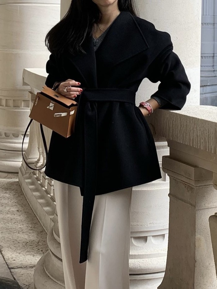 Open lapel coat with sash