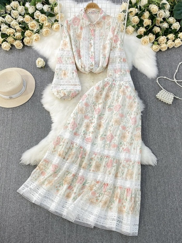 Floral lace trim blouse and skirt set