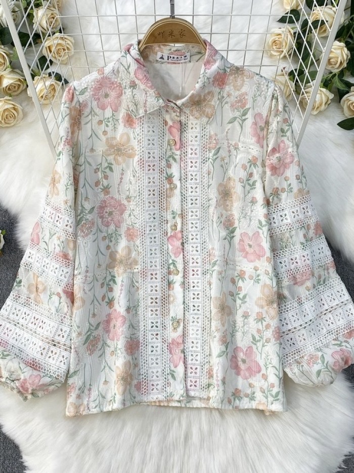 Floral lace trim blouse and skirt set