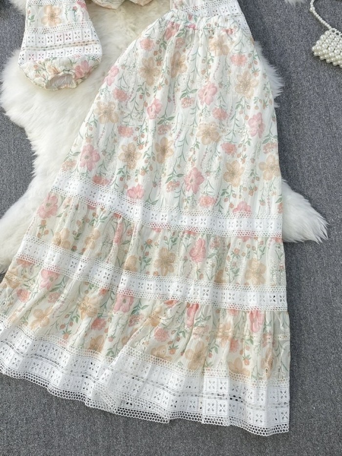 Floral lace trim blouse and skirt set
