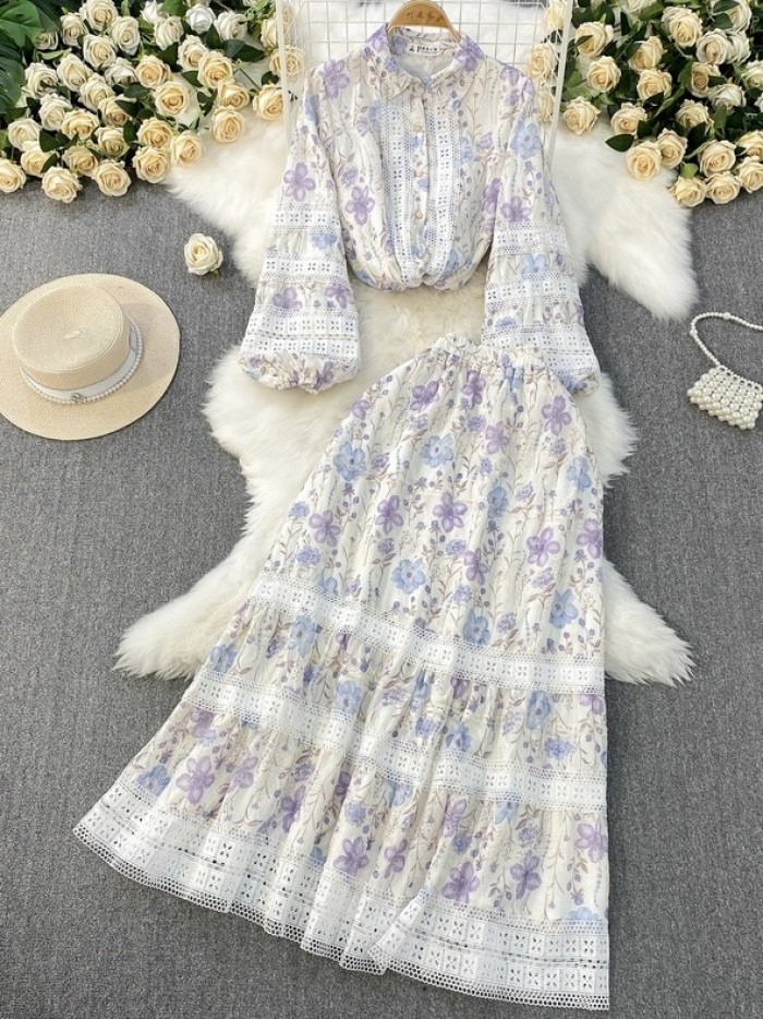 Floral lace trim blouse and skirt set