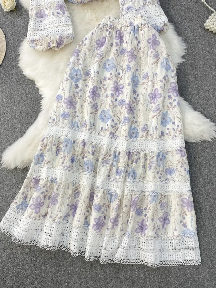 Floral lace trim blouse and skirt set