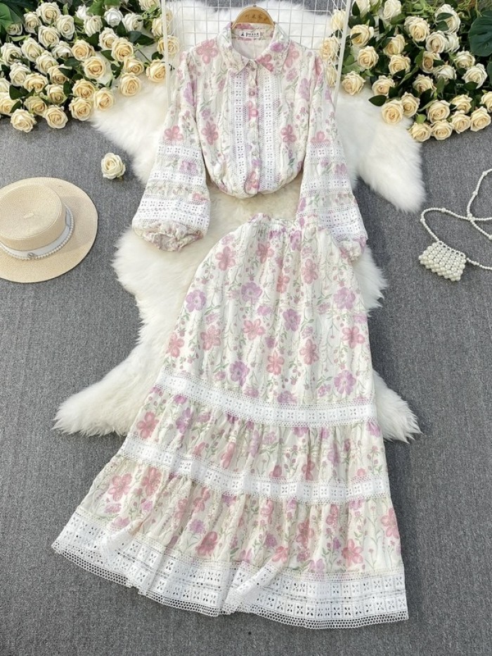 Floral lace trim blouse and skirt set