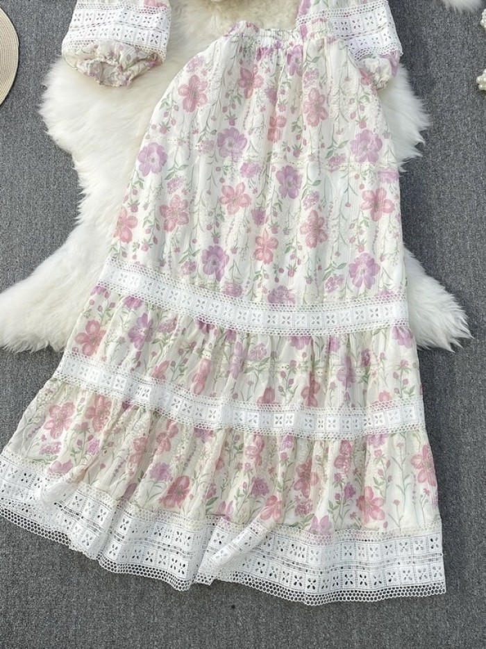 Floral lace trim blouse and skirt set