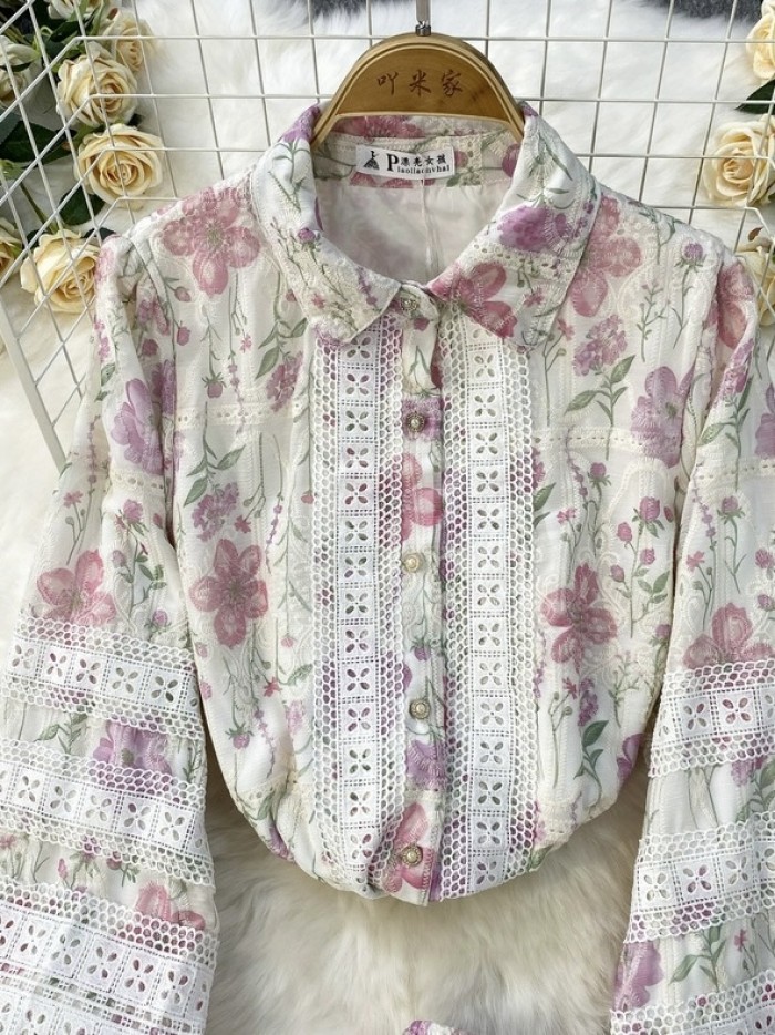 Floral lace trim blouse and skirt set