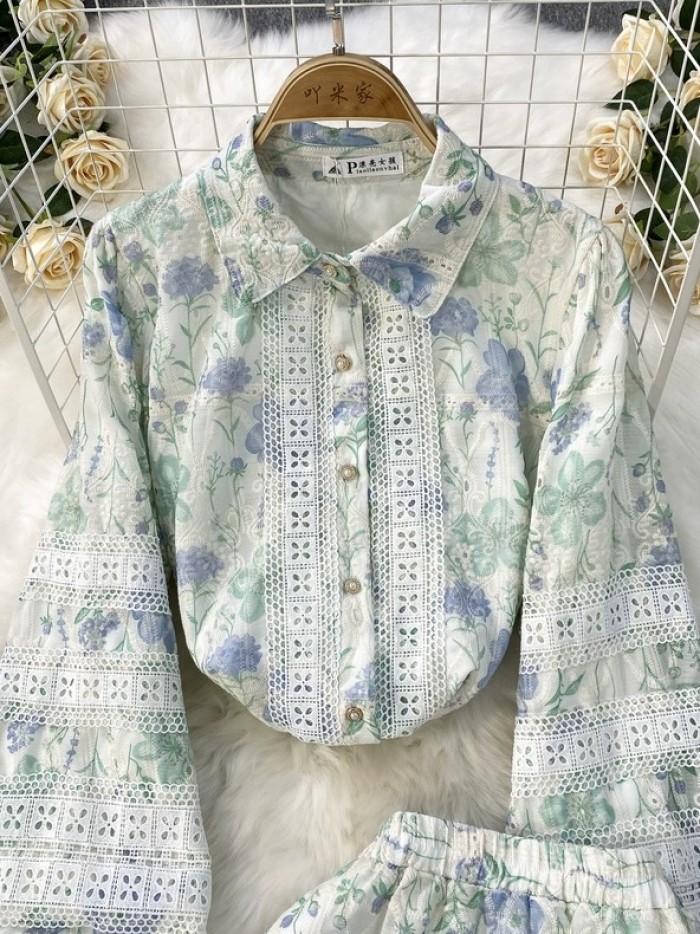 Floral lace trim blouse and skirt set