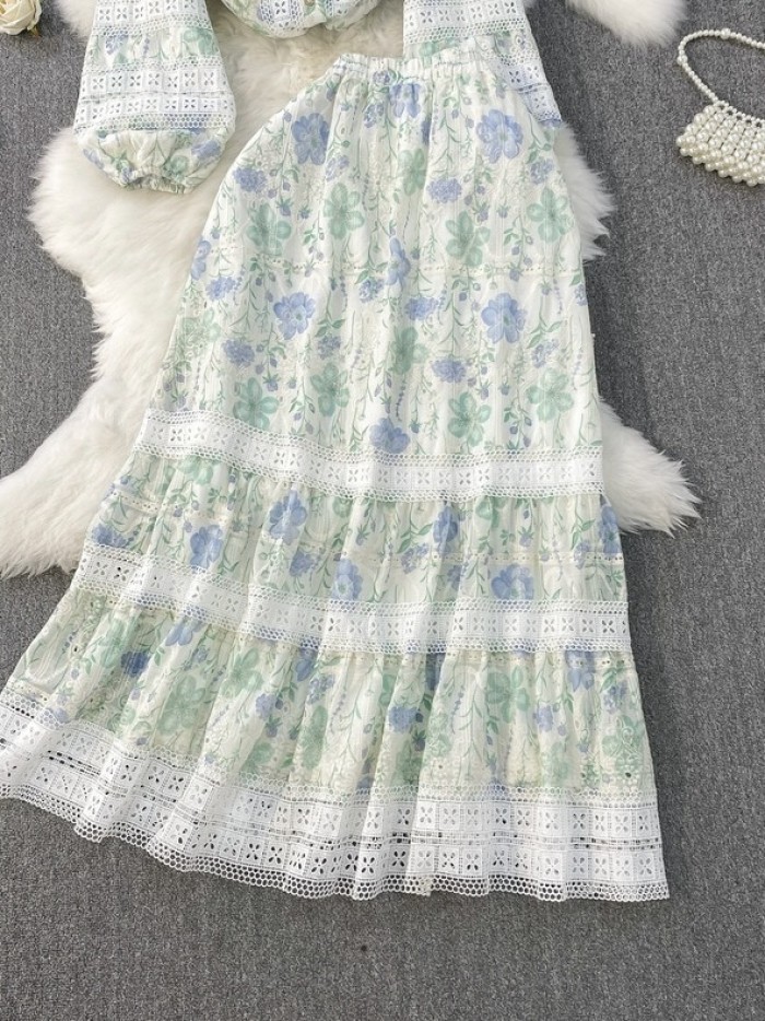 Floral lace trim blouse and skirt set