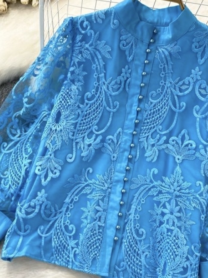 Lace detail sheer sleeve blouse