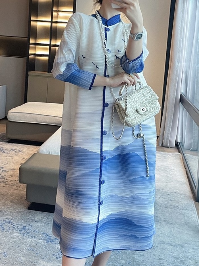 Pleated Ombre button dress