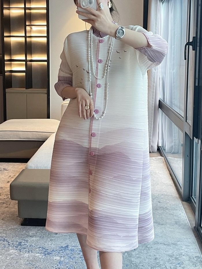 Pleated Ombre button dress
