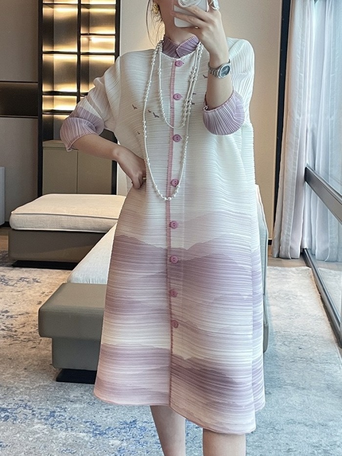 Pleated Ombre button dress
