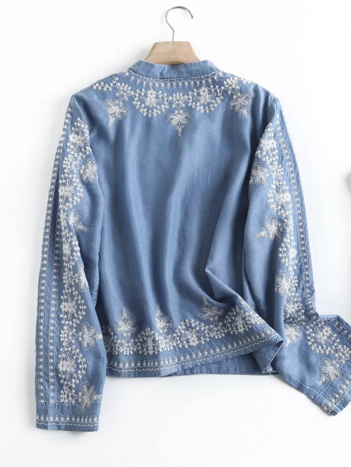 Intricate embroidery motif denim blouse