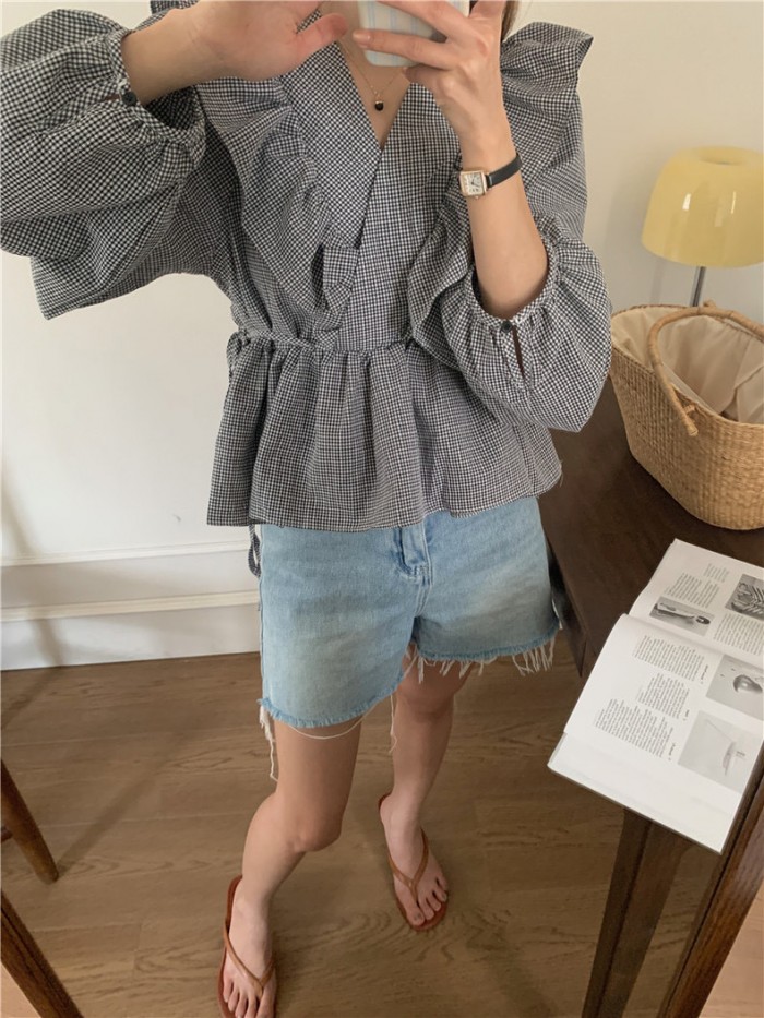 Gingham ruffle v-neck blouse