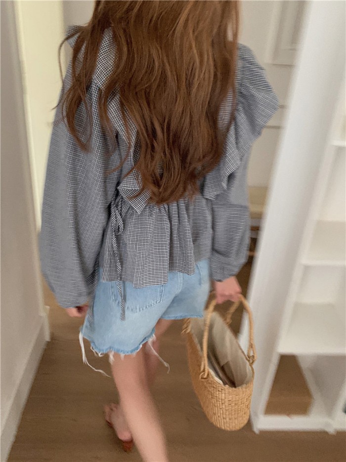 Gingham ruffle v-neck blouse