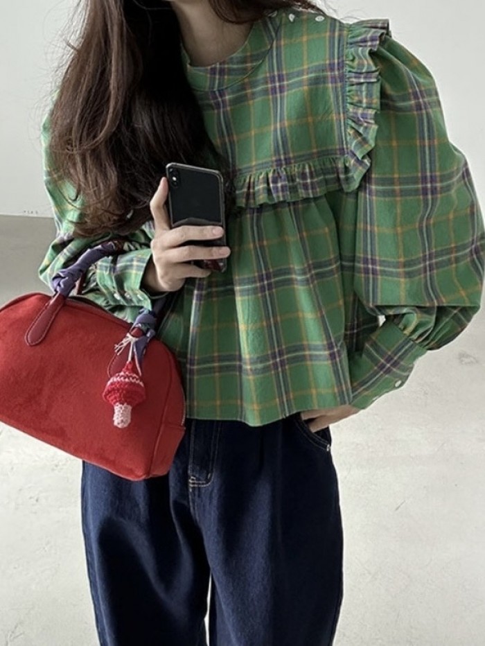 Checkered babydoll blouse