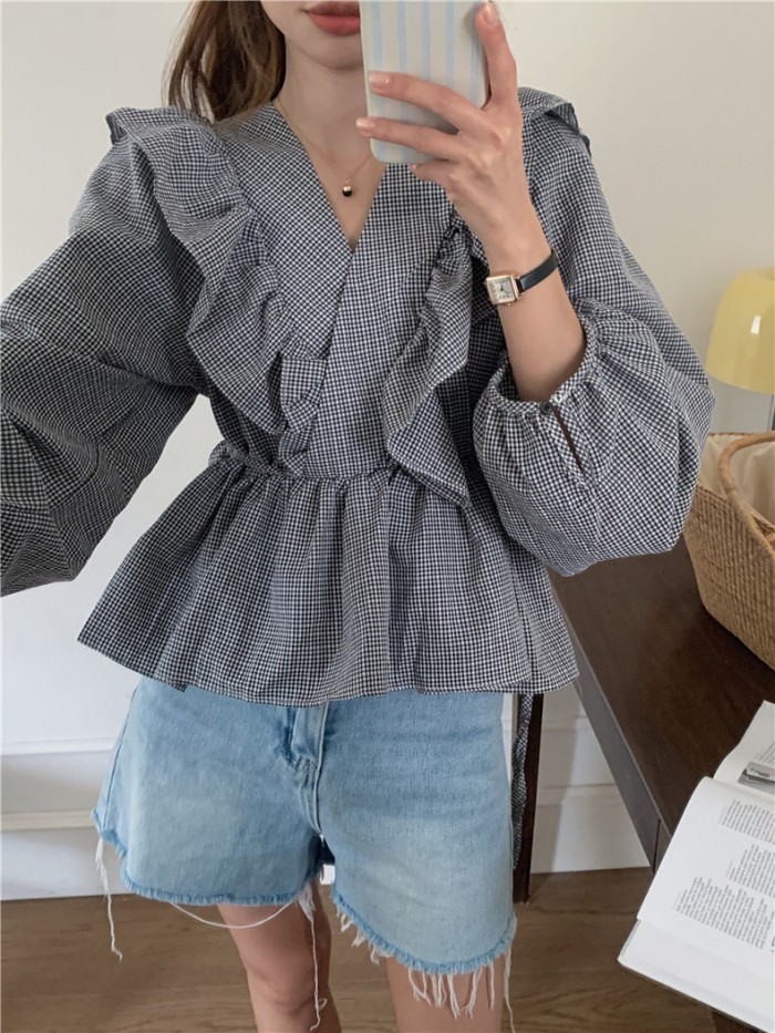 Gingham ruffle v-neck blouse