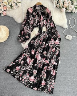 Floral scarf button blouse and skirt set