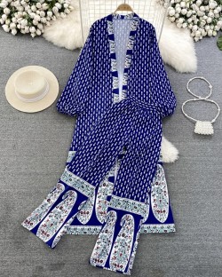 Long motif cardigan and pants set