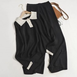 Collared knit blouse and pants set