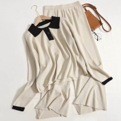 Collared knit blouse and pants set