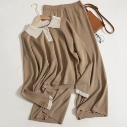 Collared knit blouse and pants set