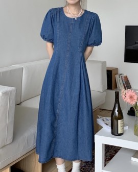 Puff sleeve denim dress