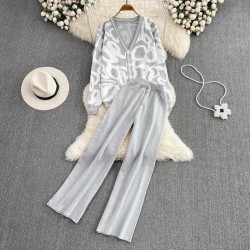 Motif knit cardigan and pants set