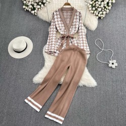 Checkered knit cardigan with sash and pants set