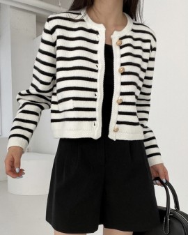 Stripe knit button cardigan