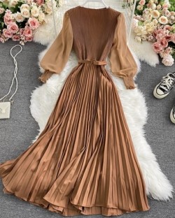 Pleated Dress with Sheer Sleeves