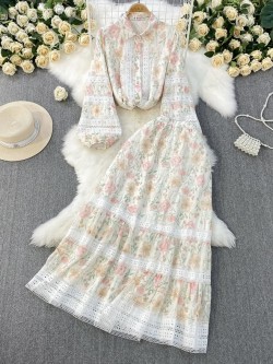 Floral lace trim blouse and skirt set