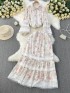 Floral lace trim blouse and skirt set