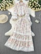 Floral lace trim blouse and skirt set