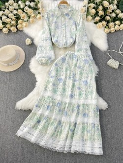 Floral lace trim blouse and skirt set