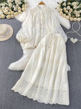 Sheer broderie blouse and skirt set