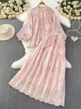 Sheer broderie blouse and skirt set