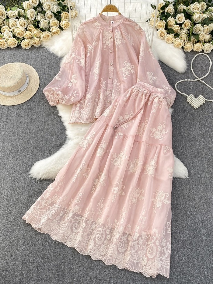 Sheer broderie blouse and skirt set