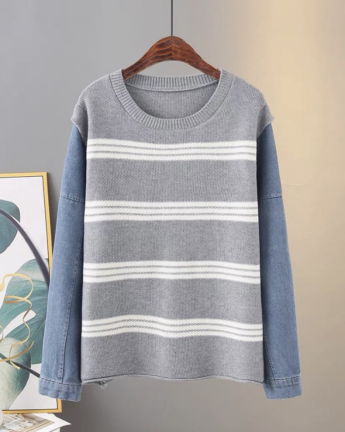LM+ Stripe denim knit pullover