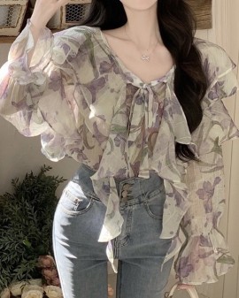 Sheer ruffle floral blouse