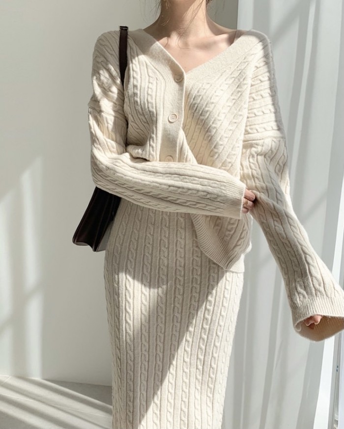 Knit button cardigan and skirt set