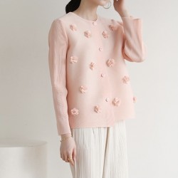 Pleated Blouse with Floral Applique
