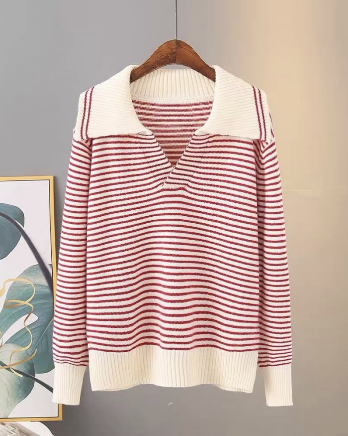 LM+ Stripe knit collared blouse
